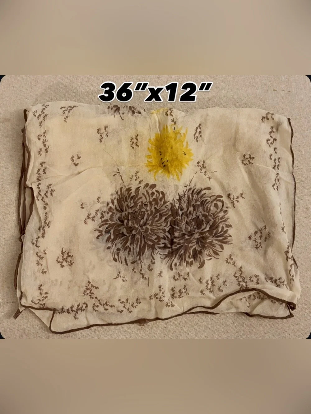 Vintage Floral Silk Scarf with Yellow & Brown Blooms